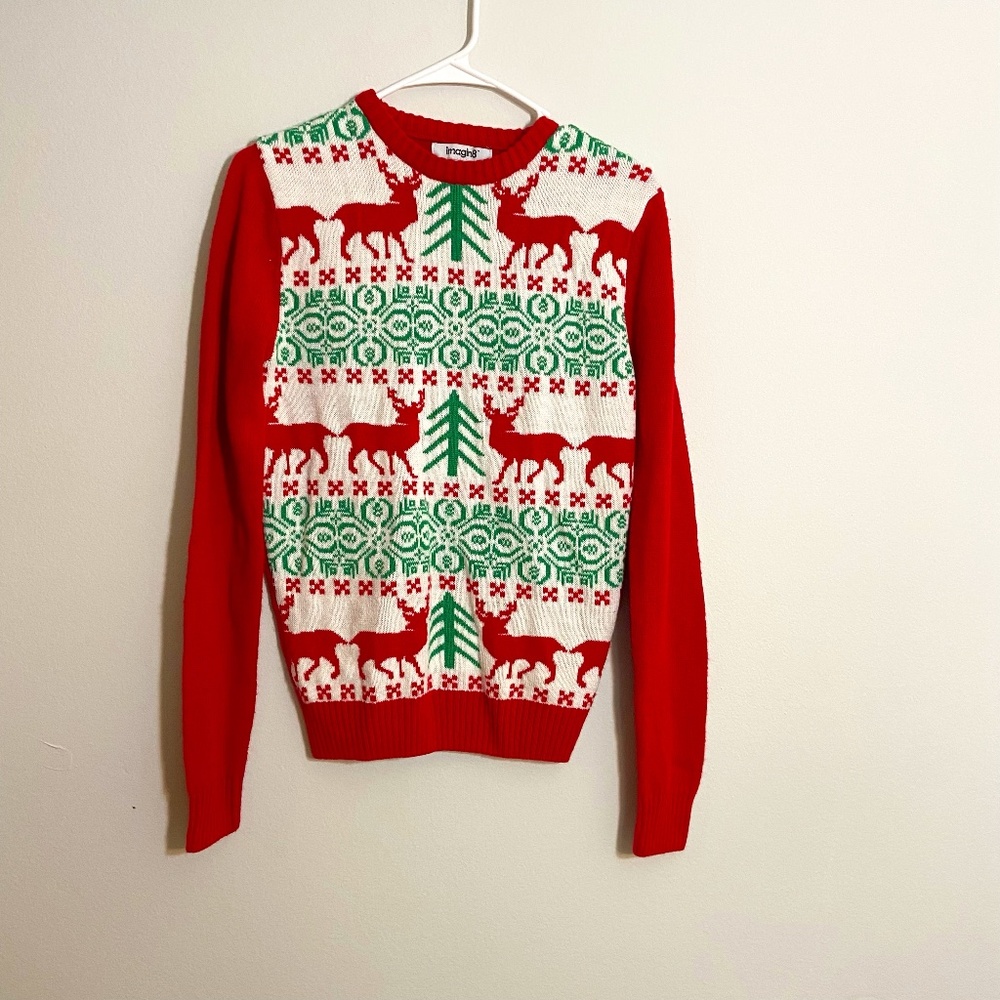 Red and Green Holiday crewneck sweater Deer and tree print Size Small